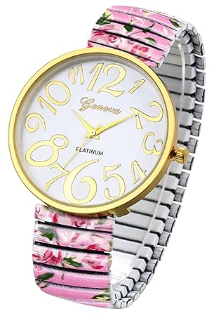 JewelryWe Uhren Damen Elastisch Metallarmband - Einfache Analog Quarz Armbanduhr Frauen Rosa Legierung Stretch-Armband Uhr mit ultraklaren großen Arabischen Zahlen Zifferblatt