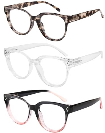 Vecien Reading Glasses Oversized for Women Large Frame Big Lens Readers Spring Hinge Retro 3 Pack