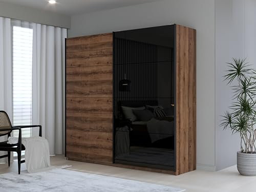 FORTE JAWA Schrank 220, Kleiderschrank, Schwebetürenschrank Industrial Schlafzimmer 2-türig Einlegeböden Kleiderstange, Dunkel Holzdekor: Schlameiche, 220 cm breit x 210 cm hoch x 61 cm tief