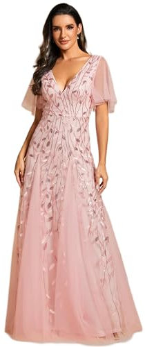 Ever-Pretty Robe de Soirée Grande Taille Col V Manches Courtes A Line Femme Longue Rose 58