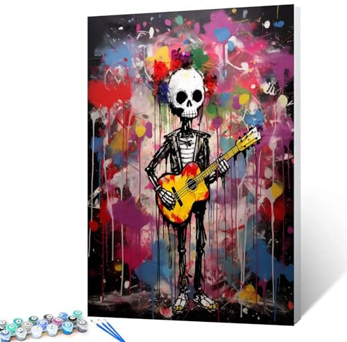 Banksy Ölgemälde, Motiv: Totenkopf, spielende Gitarre, Malen nach Zahlen, 40,6 x 50,8 cm, Street Pop Art, Leinwand, Ölgemälde, bestes Geschenk für Kinder, Studenten, Erwachsene, Anfänger, mit Pinseln