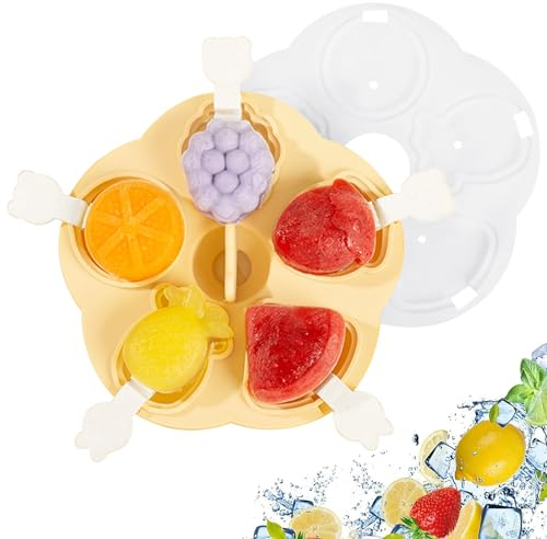 Mini Moldes de Helado Silicona, Forma de Fruta Moldes para Paletas con Palos y Tapa, Moldes Helados Bebe Sin BPA, 5 Celdas Reutilizables Molde para Paletas para Niños Casero Helado
