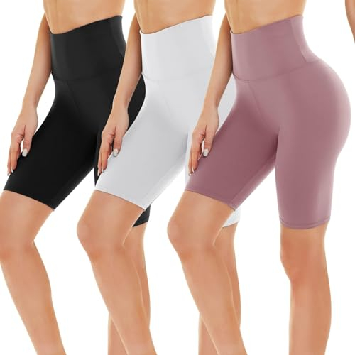 Gayhay 3er Pack Radlerhosen Damen Knielang Kurze Sporthose Leggings Shorts Sommer für Sport Yoga Leggins High Waist Schwarz+Weiß+Rosa,S-M