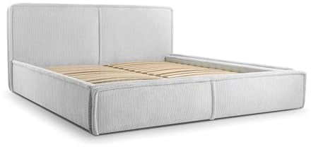 mb-moebel MOEBLO Polsterbett Bett 04 – Doppelbett mit Cord Bezug, Kopfstütze, gepolstertes Kopfteil, Rahmenbettgestell, Bettkasten und Lattenrost - (Hellgrau, 180x200)