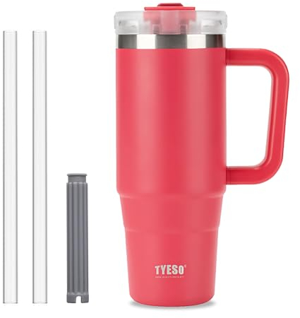 Klaraber Coffee Cup Travel Mug with Handle, 30oz Tumbler with Lockable Lid, Stainless Steel Vacuum Insulated Water Bottle with Straw, Leakproof & Portable Travel Cup for Hot and Cold Drinks (Red)