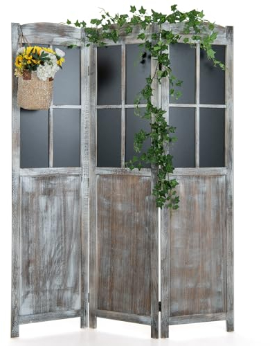 CASART 3 Panel Room Divider, Freestanding Folding Privacy Screen with Blackboard Window, Rustic Paulownia Wood Partition Screens for Bedroom Living Room Office, 136 x 178cm