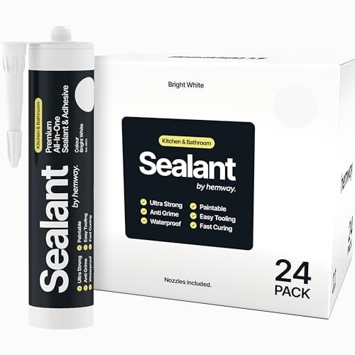 Hemway 300 ml Bright White Hybrid Polymer Sealant | Odourless & Sanitary Anti-Mould Adhesive | Waterproof & Suitable For Kitchen, Bathroom & Around Bath, Shower & Toilet | Easy To Use - 24 Pack