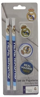 CyP Brands- Real Madrid, Set de Papeleria, Escritura, Sacapunta, Goma de Borrar, Lapiceros, Color Blanco, Producto Oficial