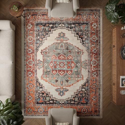 artyrugs Machine Washable Rug, 240x330cm, 75% Recycled Cotton, Short Pile, Non-Slip Backing, Non-Shedding, Suitable for Bedroom, Kitchen, Hallway, Office, Large, Bright Olive & Pumpkin