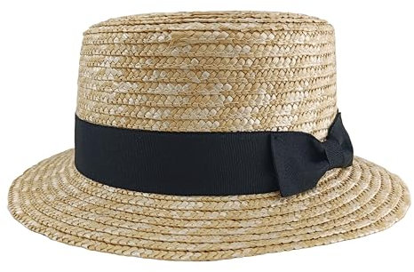 Carnavalife Sombrero de Paja Natural 100% para Mujer y Hombre, Banda Decorativa Negra, Sombrero Canotier Ajustable, Transpirable,Sombrero para el Sol Verano, Fiesta y Carnaval, Beige