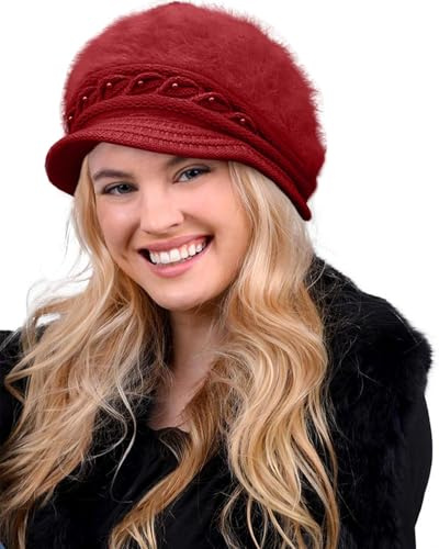 CheChury Damen Wollmütze Winter Mütze Warme Strickmütze Frauen Beaniemütze Retro Schirmmütze Grobstrick Frauen Kaschmir Mütze Damen Bowler Hut Winter Strickmütze mit Schirm Damen Barett Fleece