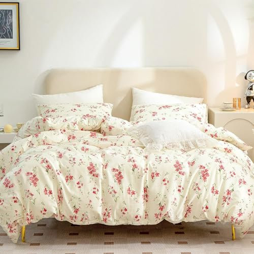 Tospass Housse de Couette 200x200cm Beige Rose Vert Floral Fleurs Feuilles Parure de Lit 2 Personne Ado Adultes avec Fermeture Éclair Housse Couette en Microfibre avec 2 Taie d'oreiller 65x65cm