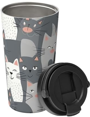 Insulated Coffee Mug with Handle Stainless Steel Coffee Tumbler Vacuum Leak-Proof Travel Mug Reusable Car Cup Cute Funny Grey Cats Pattern Coffee Cups for Travel Office 500 ML
