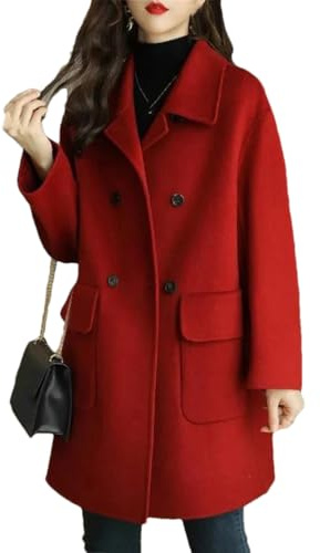 Manteau d'hiver en laine pour femme Manteaux en laine à double boutonnage Cachemire Manteau long, Rouge, L