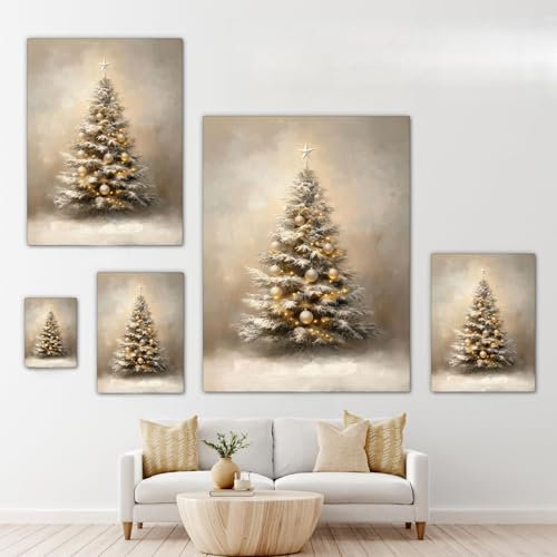 MuchoWow© Impression sur Toile Decoration Murale Peinture 60x80 cm Tableaux Art Décoratif Muraux Cadeau Noel Décoration Chambre Noël - Sapin de Noël - Neige - Beige