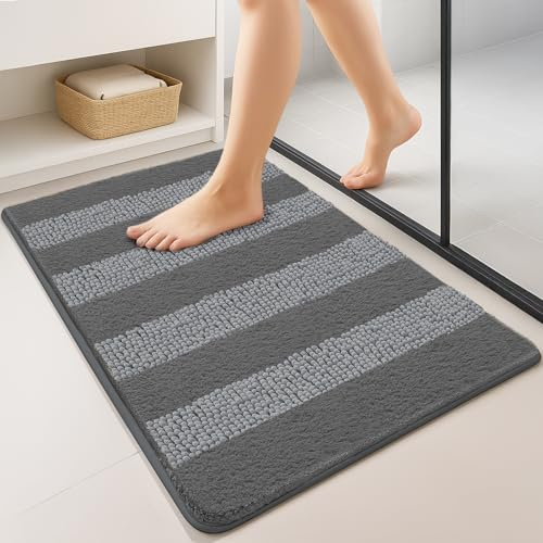 VOUNOT 2er-Set Chenille Badematte rutschfeste, Mikrofaser Saugfähig Badezimmerteppich, Flauschig & schnelltrocknend Maschinenwaschbar Badteppich, Super Weich Fußmatte Duschvorleger 60x90cm Grau