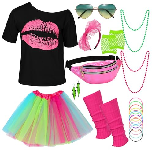 WERFORU 80er Jahre Outfit Damen Set Karneval Damen Set,T-Shirt, Tüll Rock, Herz Sonnenbrille,Stirnband, Netzhandschuhe, Halskette,Bauchtasche, Ohrringe,Beinwärmer,Silikonarmband