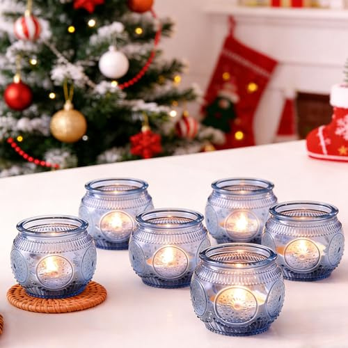 6 Stück blau Votivkerzenhalter, Glas-Teelicht-Kerzenhalter für Hochzeit Dusche, Party, Home Decor, Tisch Centerpiece (Blue)