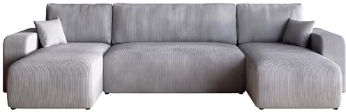 BROMARKT Sofa mit Schlaffunktion Couch U Cordstoff Sofa Bettkasten Wohnlandschaft für Wohnzimmer freistehend PUMI L Relaxsofa 3 sitzer 312x148x82 cm Hellgrau