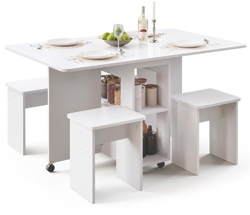 Mondeer Essgruppen, Klappbarer Esstisch mit 4 Stühlen, Esstisch Set mit Rollen und 2 Offenen Ablagen, für Kleine Räume Esszimmer Küche, 120 x 80 x 80 cm, Weiß