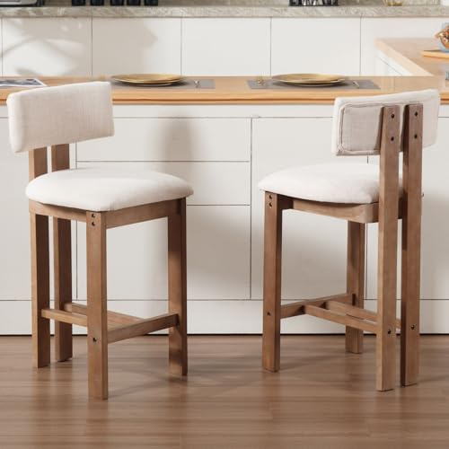 Ya-Home Barhocker 2er Set Holz, Barstühle mit Lehne, Beige | Bistrohocker aus Leinen, gepolsterte Tresenhocker mit Holzbeinen, Bar Stools Küchenhocker für Küche/Esszimmer/Wohnzimmer