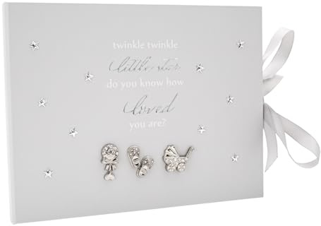 Happy Homewares Twinkle Twinkle Baby Shower Keepsake Guest Book with Silver Plated and Diamante Rattle Pram and Booties | Faux Silk Ribbon