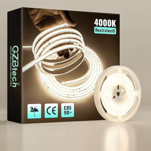 GZBtech 230V COB LED Streifen 2m 4000K Neutralweiß, CRI90+ selbstklebend Flexible silikon Lichtband, 1000lm/m Aussenbereich strip light für TV Hintergrundbeleuchtung schrank beleuchtung Schlafzimmer