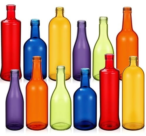 Zhehao 12 farbige Glasflaschen, bunte leere Weinflaschen, dekorative Glasflasche für Flasche, Baum, Garten, Hof, Outdoor, Heimdekoration (dunkles Regenbogenfarben, zylindrisch)