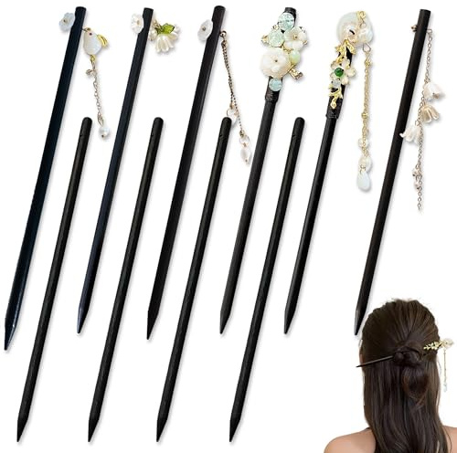 10 Piezas Madera para el Pelo, Palillos de Madera Vintage para Pelo con Flores y Borlas, Palillos para Pelo Horquilla Accesorios para Mujer