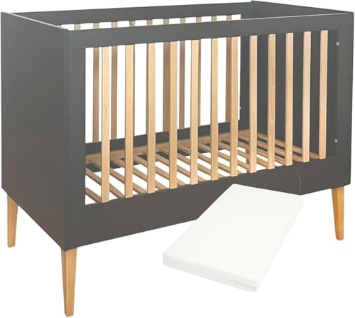 Unique Nature ILA Babybett 120x60 cm schwarz mit Matratze – höhenverstellbares Kinderbett aus massivem Buchenholz & MDF, stabil, nachhaltig & pflegeleicht