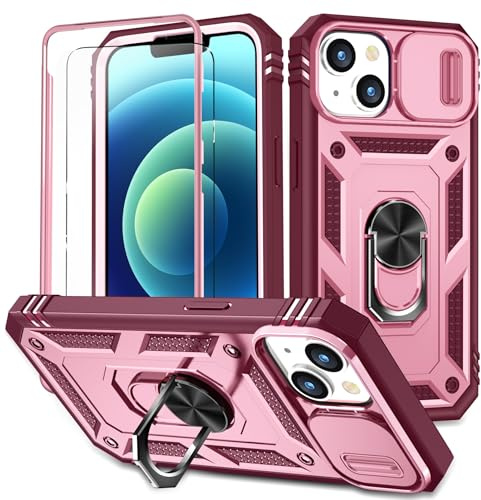 YmhxcY for iphone 13/14 Case with Camera Cover Slider,Screen Protectors,Build in 360°Rotating Ring Kickstand, Military Grade Protective Case for iphone 13/14 6.1-Wine Red/Pink