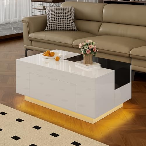 Merax Hochglanz Couchtisch mit LED Beleuchtung, Ausziehbar,Weiß, Versteckter Stauraum, 16 Farben RGB Licht, Modern Wohnzimmertisch für Kleine Räume,80 x 50 x 35,5CM