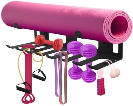 Mehrzweck-Aufbewahrungsregal für Fitnessgeräte, Edelstahl-Rack-Organizer Wandhalterung mit Schrauben Heim-Fitnessstudio-Zubehör für Schaumstoffrollen Gurte Widerstandsbänder Yogamatte (Schwarz)