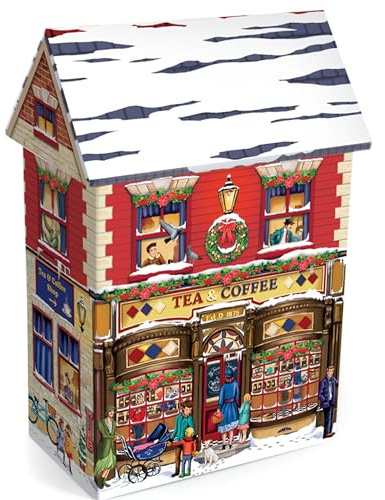 Home of Christmas Dose, Weihnachtsdose, Gebäckdose, Aufbewahrungsdose, Keksdose, Blechdose. Aufbewahrung für Plätzchen und Lebkuchen (Haus mit Laden Kaffee und Tee 1,6l / 14 x 7,5 x 21 cm)