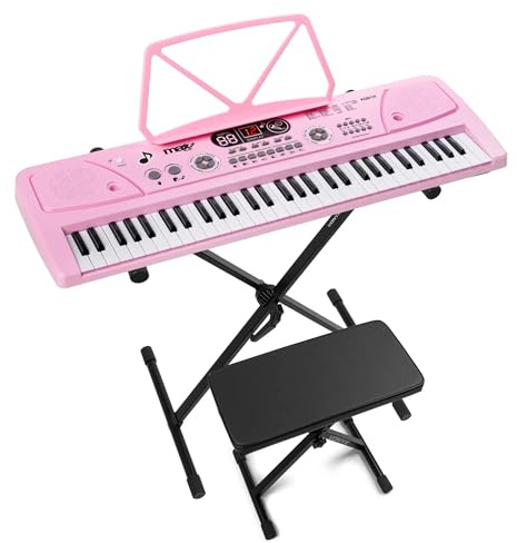 MAX KD61P Keyboard Kinder mit Mikrofon, Ständer, Hocker, Akku | 61 Tasten Klavier Kinder ab 6 Jahre | Notenhalter, USB, Aufnahmefunktion, Sounds, Rhytmen | Mini Klavier Keyboard Piano Schwarz
