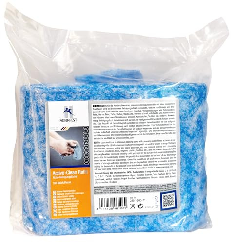 Normfest Active Clean Refill Reinigungstücher – Nachfüllrolle für Eimer mit Abrisssystem, feuchte Handreinigung ohne Wasser, entfernt Öl & Fett, 100 Tücher, 26×30 cm, Frischduft