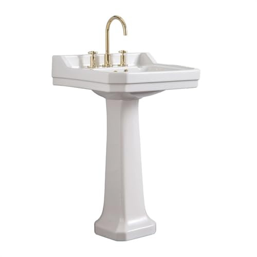 Autoportant Lavabo sur colonne de salle bain avec trop-plein, lavabo en céramique combinaison classique blanc brillant robinet doré et ensemble vidange moderne
