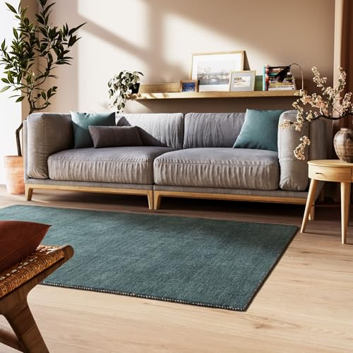 Steffensmeier Gabbeh Teppich Nomade | Wolle (Schurwolle) Dunkelgrün, Größe: 160x230 cm Kurzflor für Wohnzimmer, Flur, Ethno Look