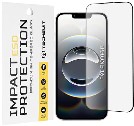 Techsuit Displayschutzfolie für iPhone 16e Gehärtetes Glas mit Antistatisch, Staubabweisend, Vollständige Abdeckung, Stoßschutz, Oleophobe Beschichtung, Anti Fingerabdruck, Blasenfrei, ESD