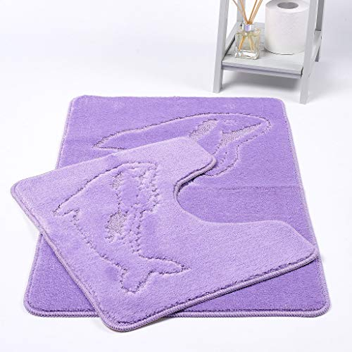 EHD Dolphin Design 2 Piece Bath Mat and Pedestal Mat Sets Non Slip Water Absorbent Bathroom Rugs (Lilac)
