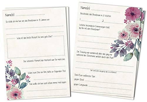 Hochzeit DIY Gästebuch Karten - 60 Stück im Vintage Blumen Design in DINA5 und DINA6 Format - Gästekarten Hochzeit zum Einkleben - Karten mit originellen Fragen zum Ausfüllen für Hochzeitsgäste