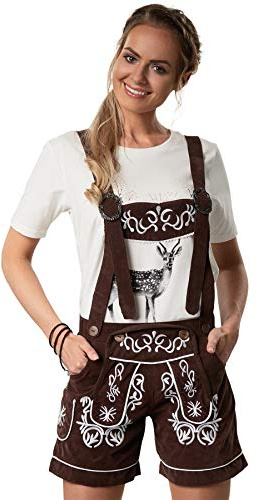 dressforfun Lederhose Damen kurz, Trachten Hose Damen Outfit mit Träger und Latz in klassischer Trachtenlederhose Form, feine Stickereien in weiß - Diverse Größen