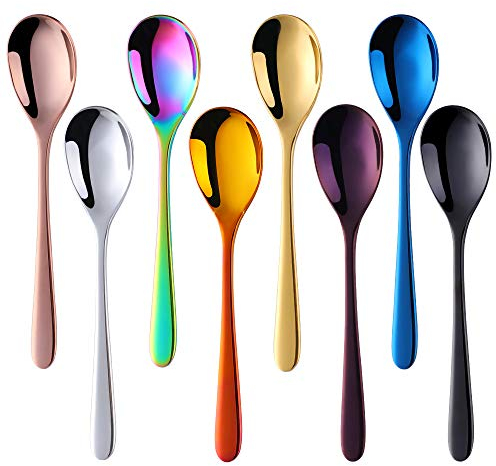 SBOMHS Dessertlöffel Edelstahl 18/8 Kaffeelöffel Bunt Teelöffel 8 Teilige 15CM Espressolöffel Eislöffel für Kaffee Tee Tasse Milch Keramik Becher 8 Farben