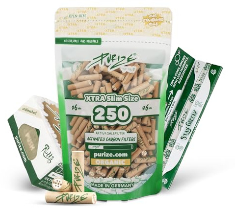 PURIZE® XTRA Slim Size Aktivkohlefilter ø 6 mm – 250er Spezialset - Organic | Inkl. King Size Slim Papers (42 Blättchen) & 4m Paper Roll, 250 Aktivkohlefilter auf Kokosnuss-Basis, Made in Germany