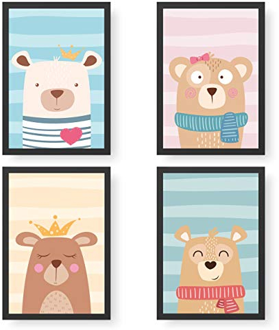 Papierdrachen 4 Kinder Premium Poster DIN A4 | Wandbilder für Kinderzimmer - Bären - hochwertige Kunstdrucke | Dekoration | Wandbild Set