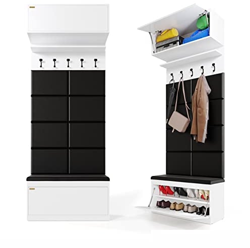 PLATAN ROOM Wand-Garderobe Set mit Garderobenpaneel & Schuhschrank & Hängeschrank 100 cm Flurgarderobe Garderobenset Flur Eiche Holz Weiß (4-TLG. mit 8 paneel, Weiß)