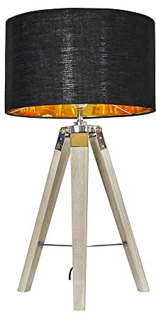 MiniSun | Distressed Wood and Silver Chrome Tripod Table Lamp with a Black/Gold Drum Shade | Table Lamps, Home Décor & Improvement Essential | Includes Bulb [3000K Warm White]