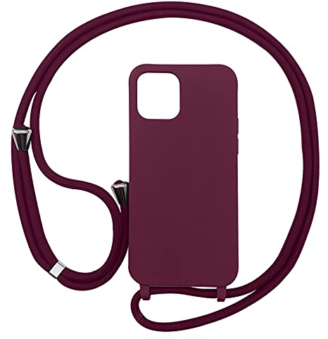 PuYu Zhe Compatible for iPhone 12 Mini Case,Silicone Crossbody Cover TPU Shell Adjustable Cord Lanyard Slim Stylish Shockproof Case-Wine Red