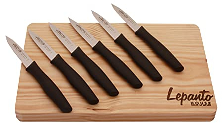 Tabla de corte de madera para carne o verduras incluye juego de cuchillos azules para cocina arcos, Pack 6 cuchillos arcos de verdura con tabla de corte Hecho en España.