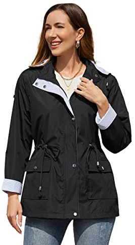 YFFUSHI Femme Veste de Pluie Mi-Longue Manteau Imperméable Coupe-Vent Slim Fit à Capuche Amovible Veste d'Extérieur